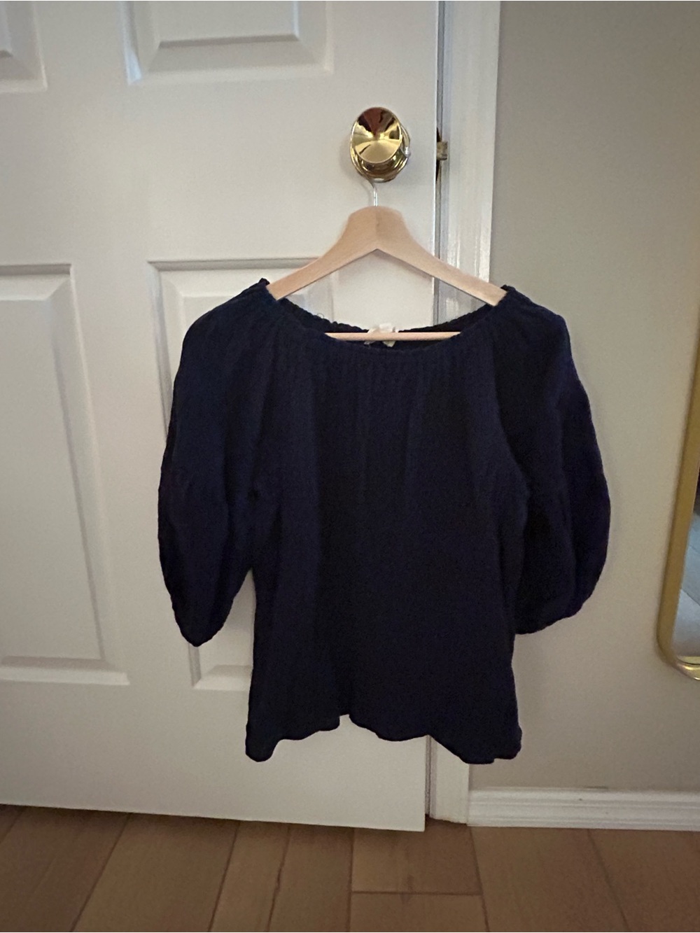 Women’s Navy Peasant Blouse - Casual Puff Sleeve Top